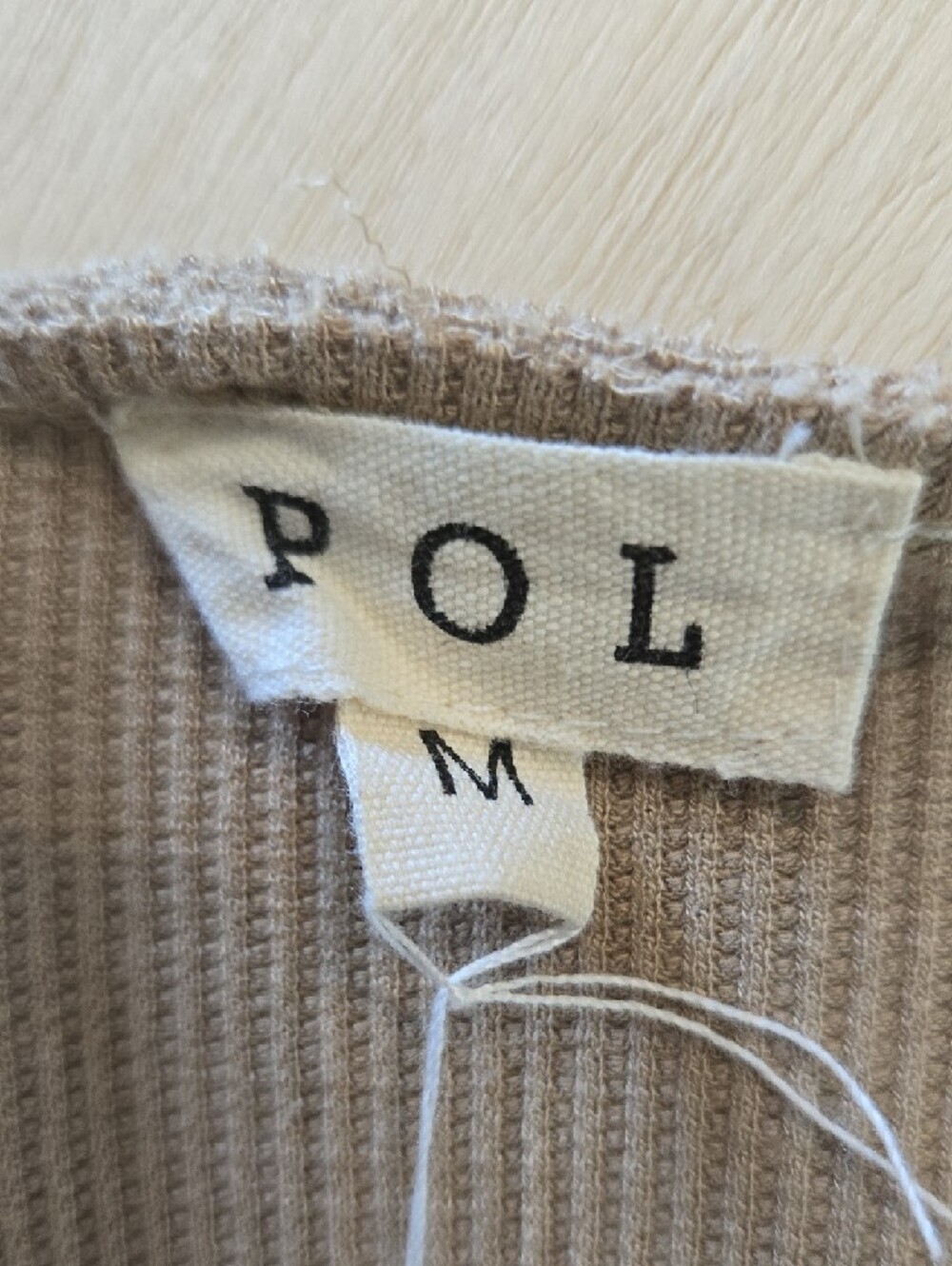 T41 POL Ribbed Bodysuit Tan Sz Md Snap Closure Stretch Full Booty Round Neck - Picture 9 of 11
